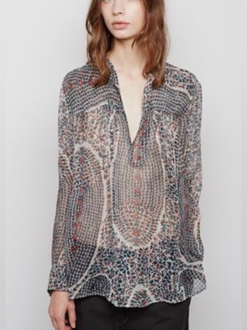 Isabel Marant Serim Silk Blouse Tan Blue Multi Size 12 US 44 FR